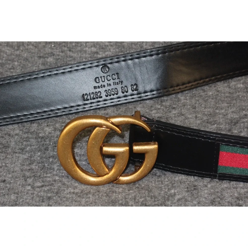 Gucci Green/Red Web Fabric & Leather, GG Logo Buckle Belt Size 44 / 110 cm